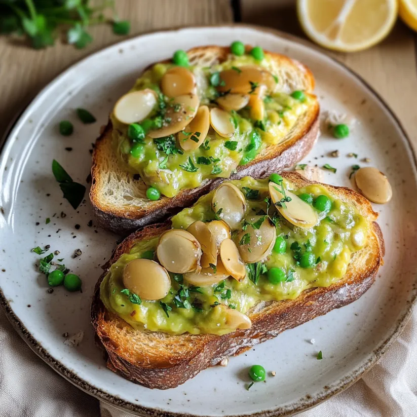 Two pieces of bread with fava beans on top.