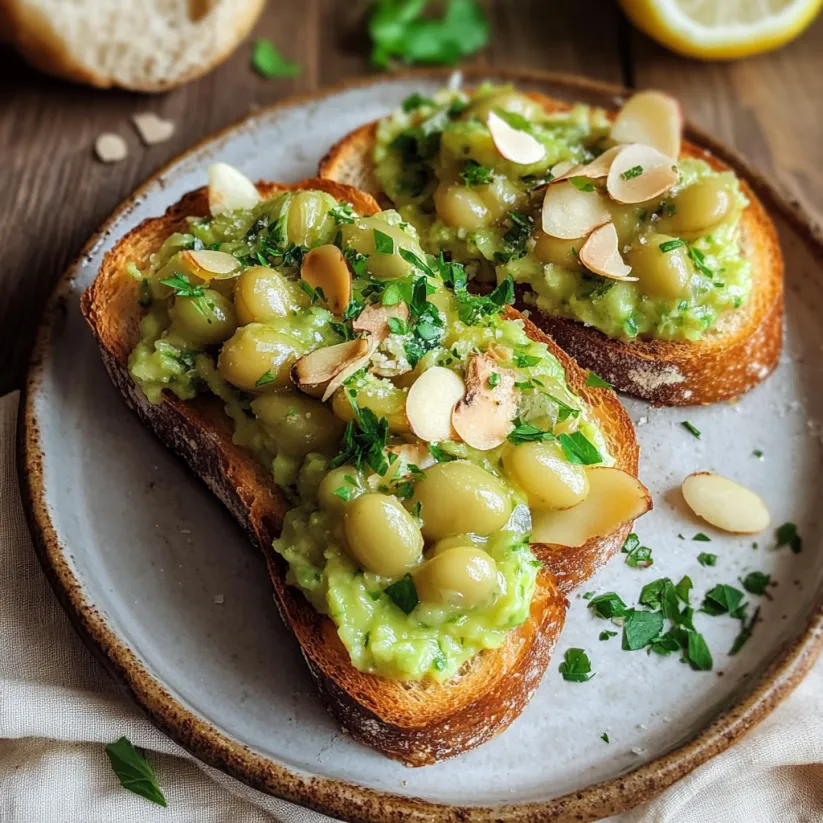 Two pieces of bread with fava beans and almonds on top.