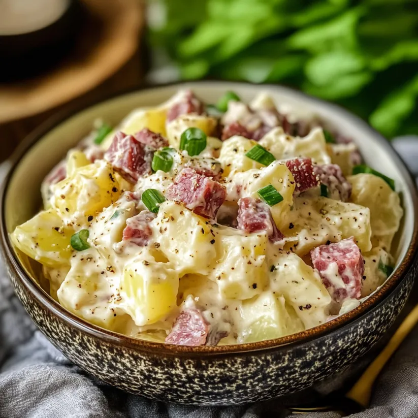 A bowl of corned beef potato salad.