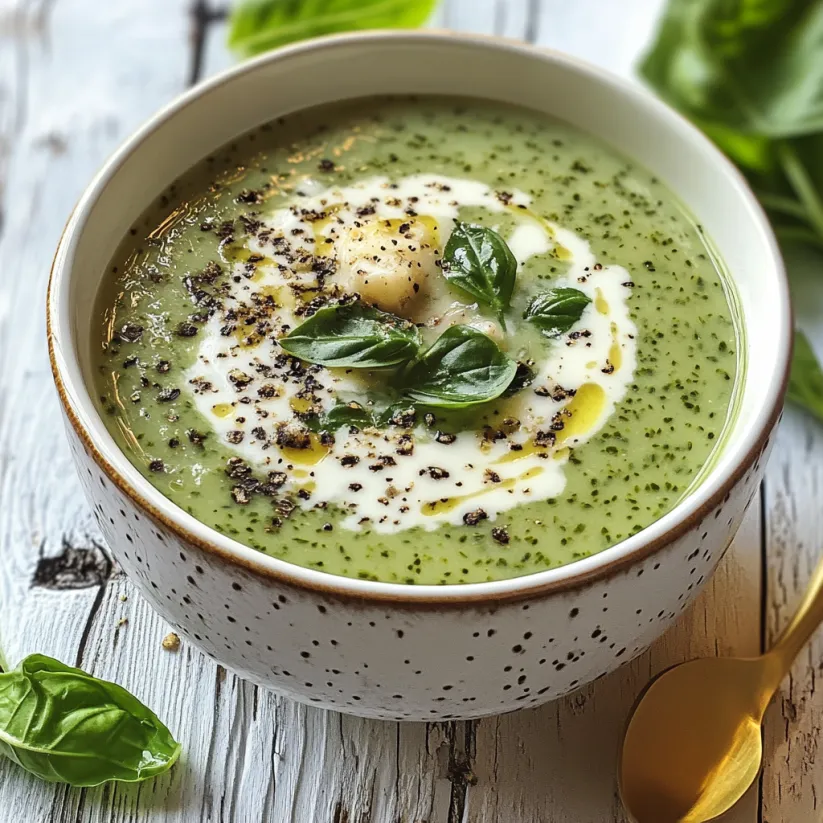 A bowl of soup with green leaves on top.