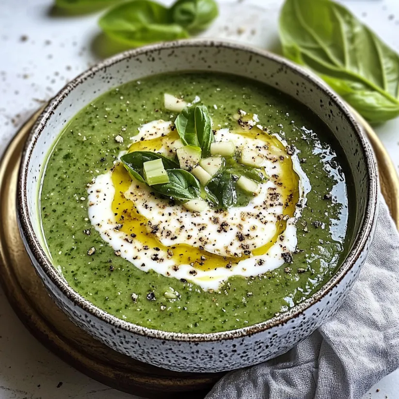 A bowl of soup with green vegetables and a spoon.