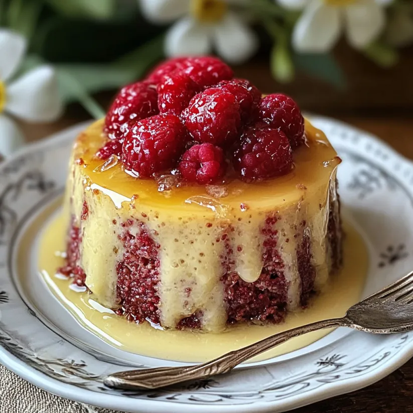A slice of English Spring Pudding with raspberries on top.