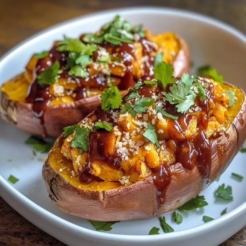 Three sweet potatoes with BBQ sauce and green onions.