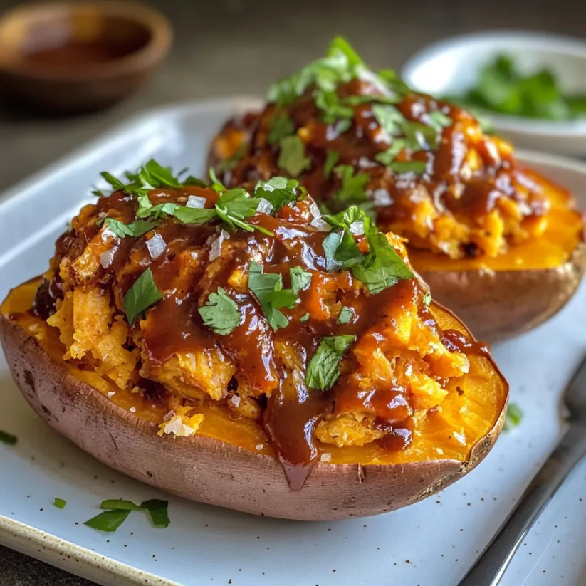 Two sweet potatoes with BBQ sauce and green toppings.