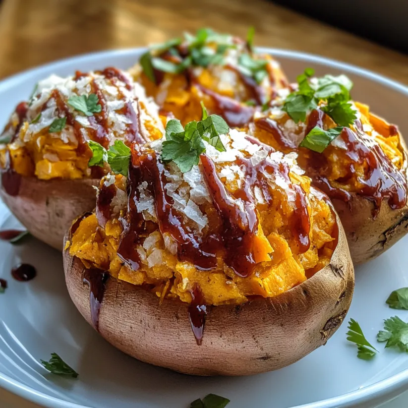 Three sweet potatoes with BBQ sauce and toppings.