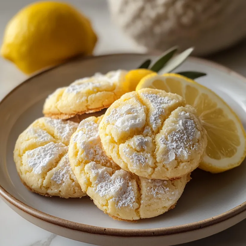 A plate of cookies with lemon and white powder on top.