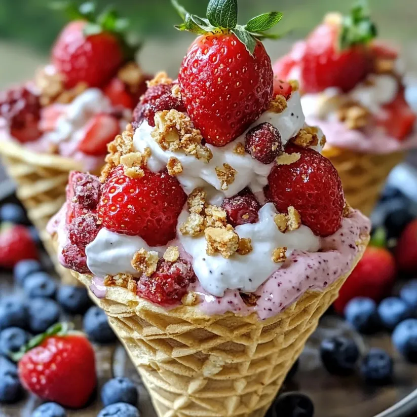 A close up of a strawberry crunch cheesecake cone.