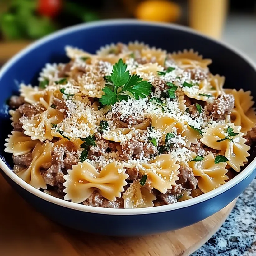 A bowl of pasta with meat and cheese.