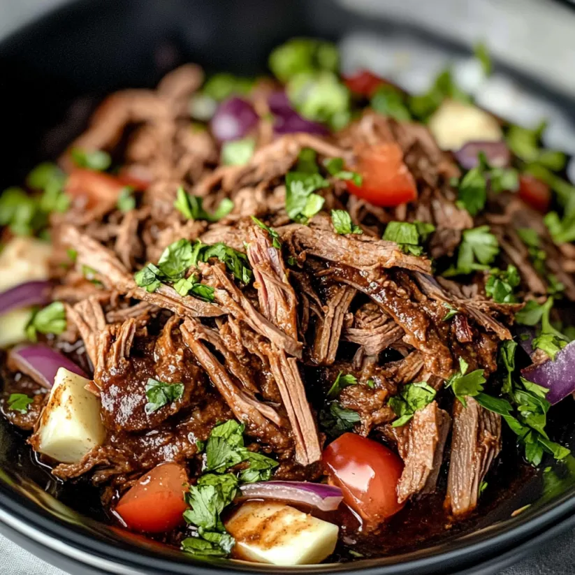A bowl of Chipotle Barbacoa with tomatoes, onions, and cilantro.