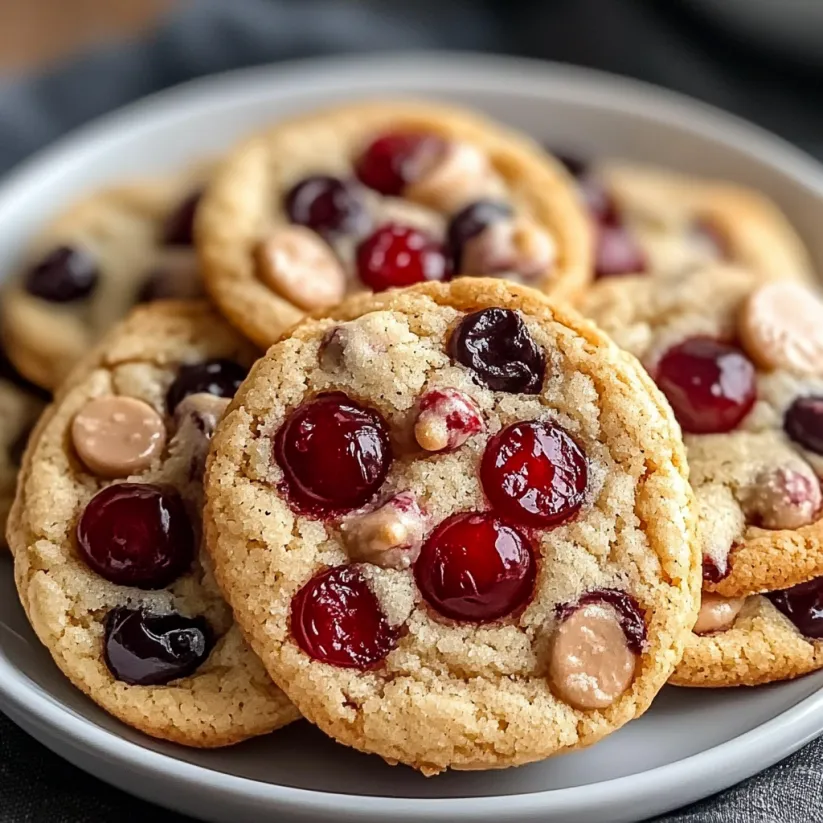 A plate of cookies with cherries on top.