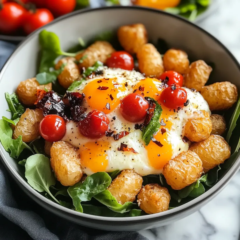A bowl of food with tater tots and tomatoes.