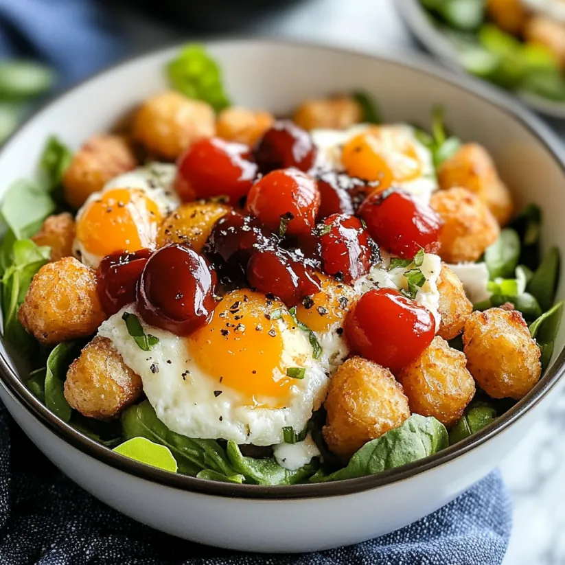 A bowl of food with tater tots and eggs.