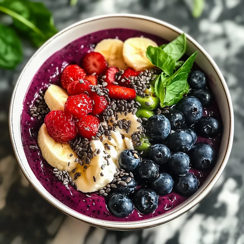 A bowl of acai berries with bananas, strawberries, and blueberries.
