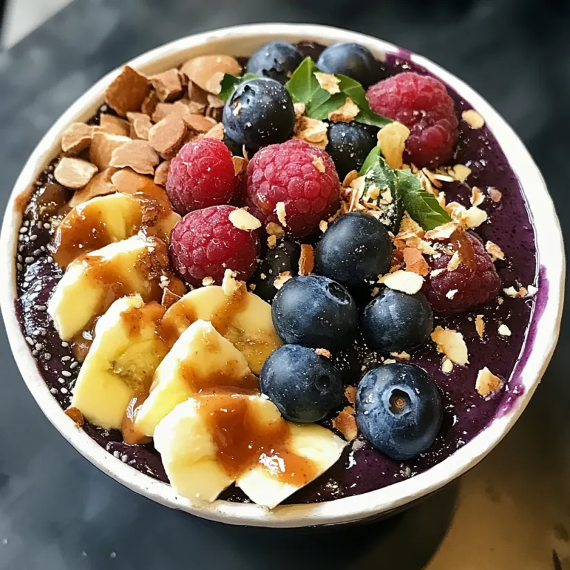 A delicious acai bowl with bananas, blueberries, and nuts.