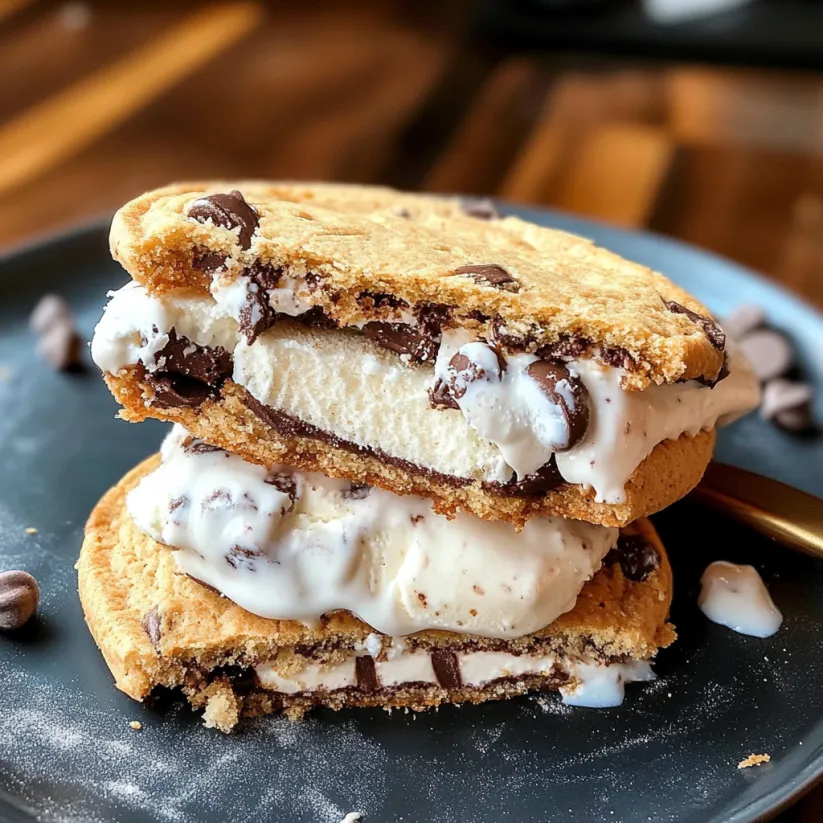 A stack of cookies with ice cream in between.