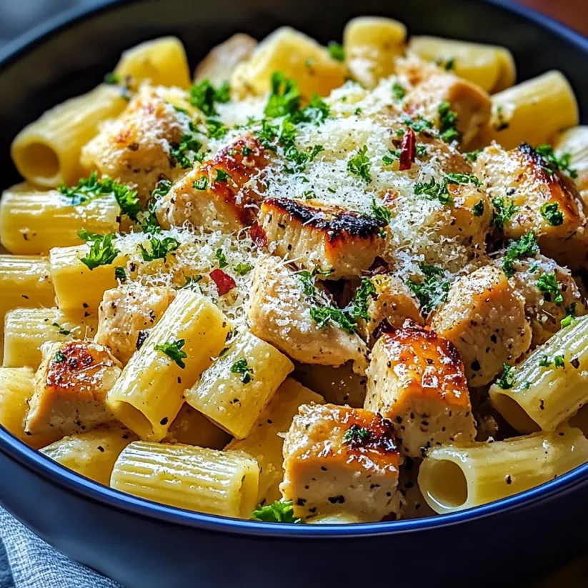 A bowl of pasta with chicken and cheese.