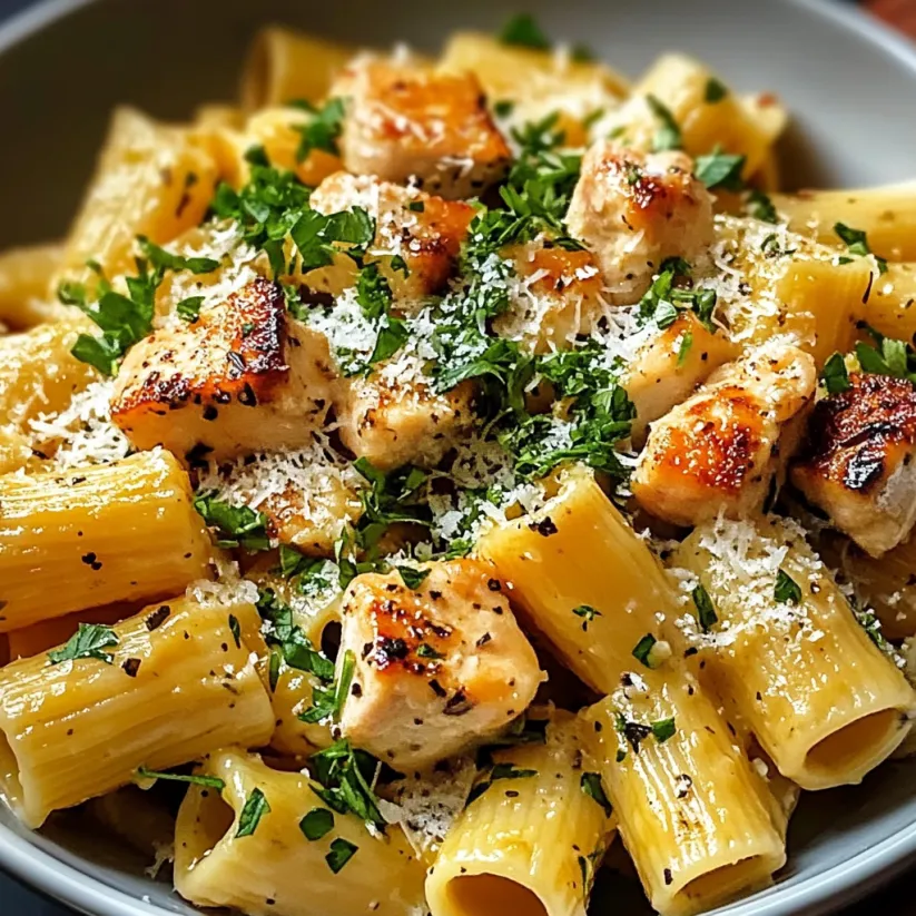 A bowl of pasta with chicken and cheese.