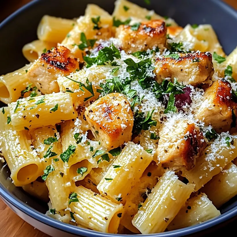 A bowl of pasta with chicken and cheese.