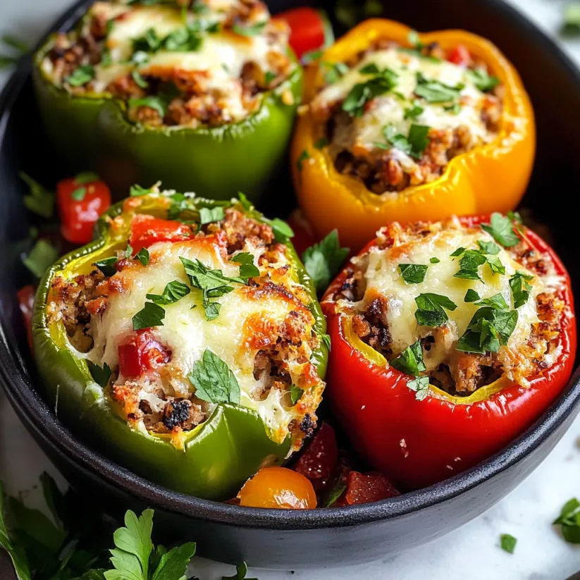 A bowl of stuffed bell peppers.