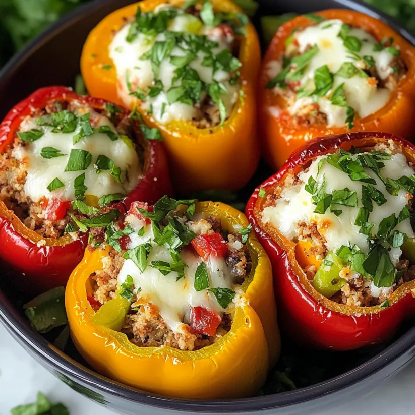 A bowl of stuffed bell peppers with cheese and herbs.