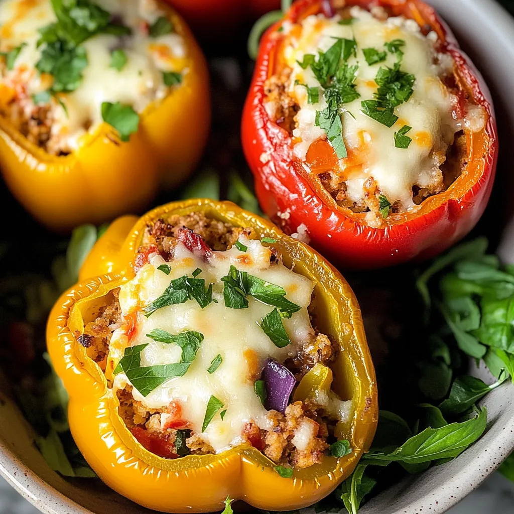A bowl of stuffed bell peppers with cheese and meat.