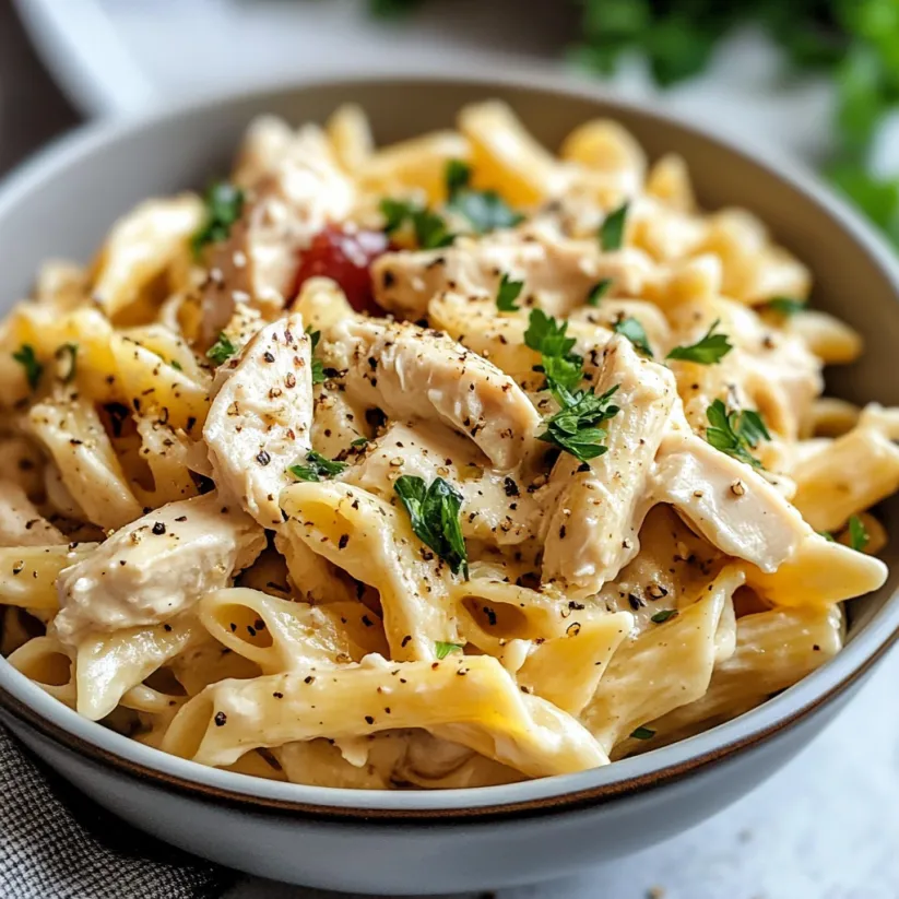 A bowl of pasta with chicken and tomatoes.
