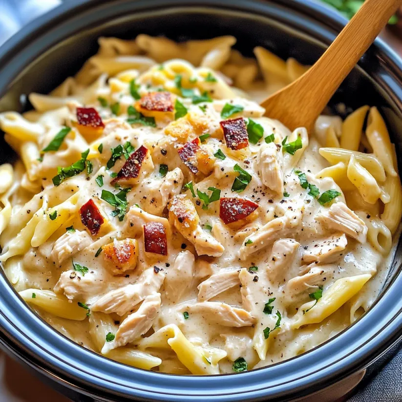 A bowl of pasta with chicken and vegetables.