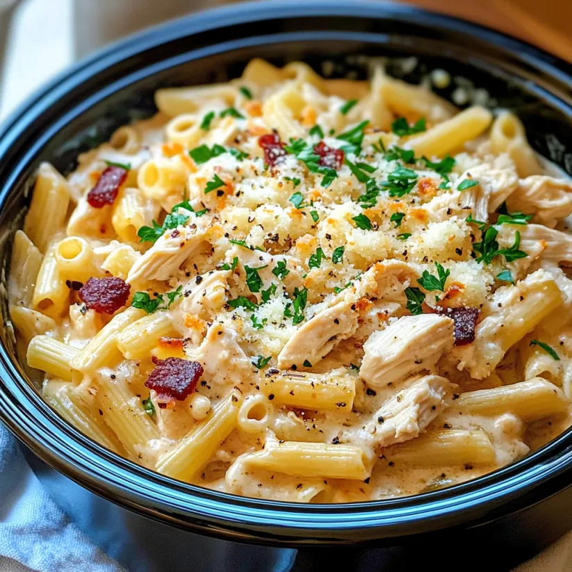 A bowl of pasta with chicken and cheese.