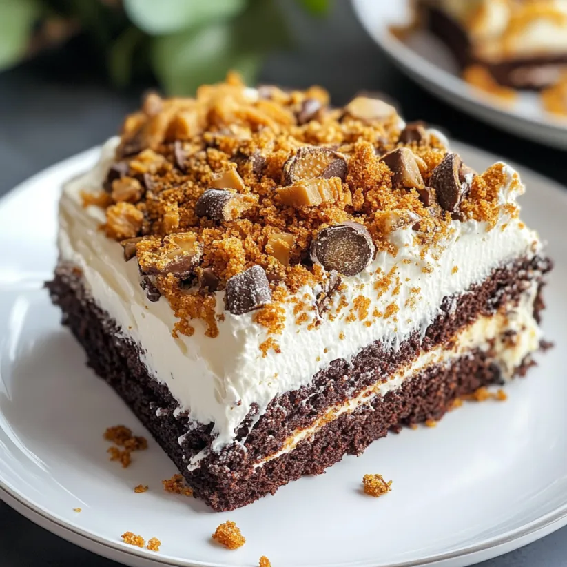 A slice of a cake with chocolate and peanut butter frosting.