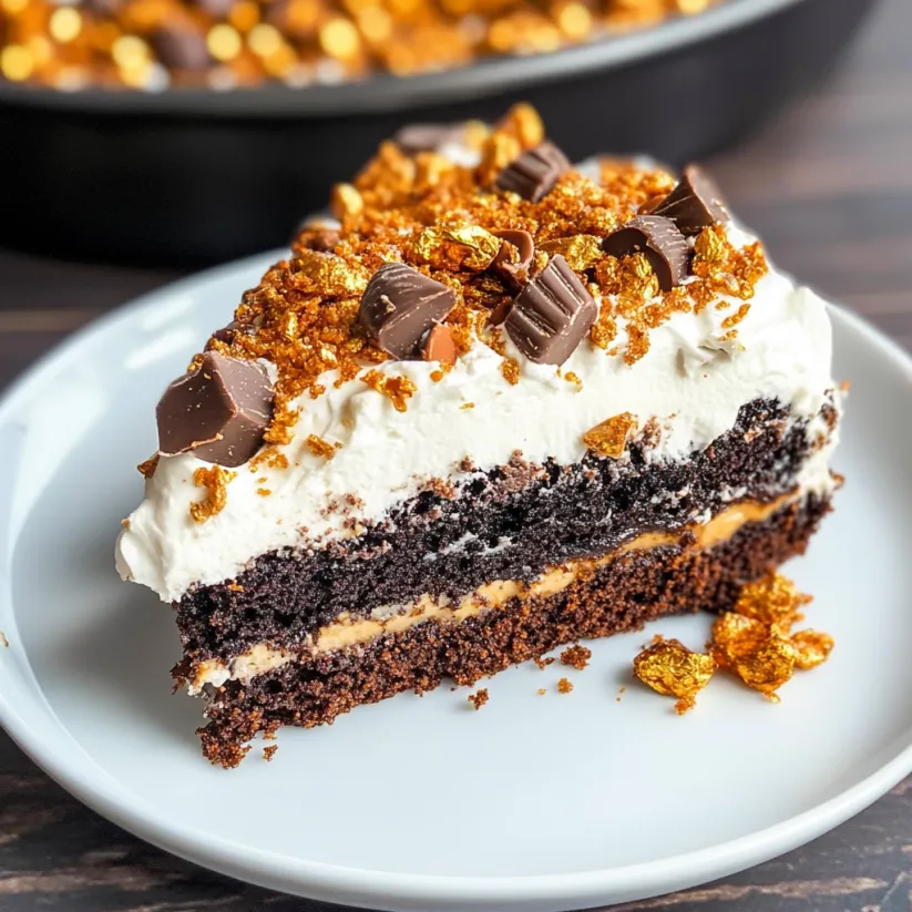 A slice of cake with chocolate and caramel toppings.