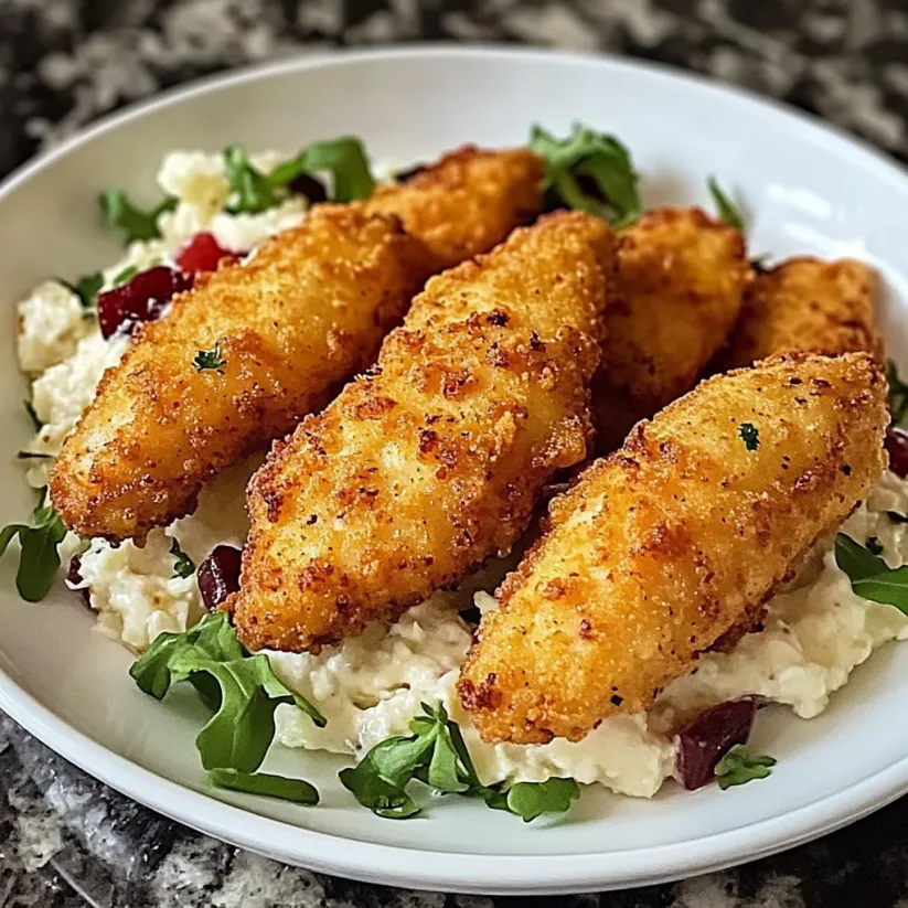 A plate of chicken tenders with greens on top.