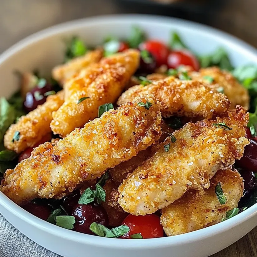 A bowl of chicken tenders with tomatoes and herbs.