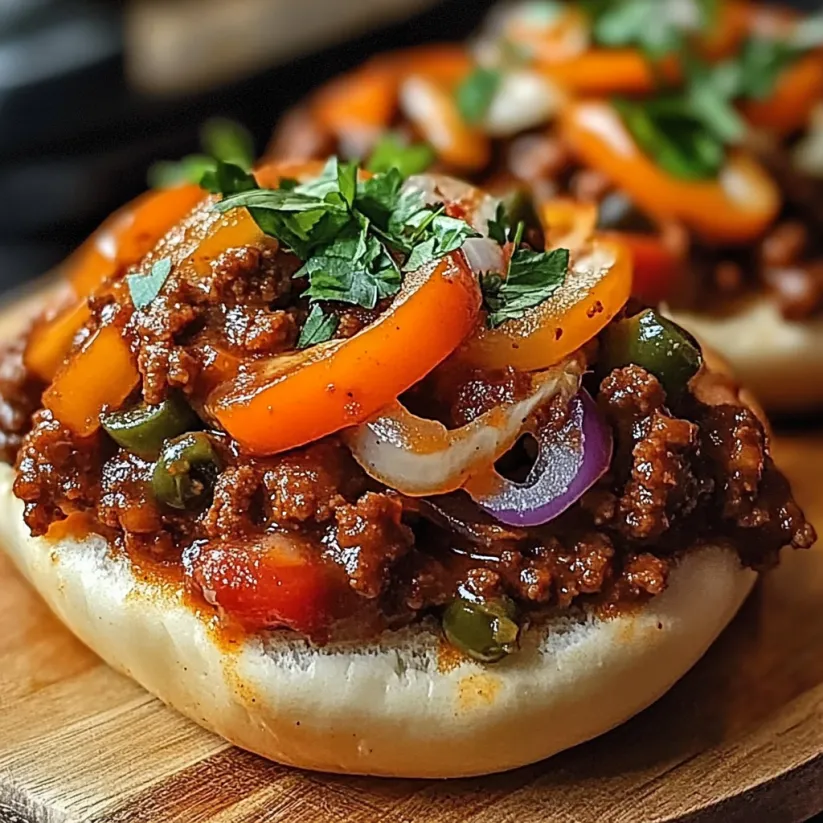 A sloppy joe sandwich with onions and peppers.