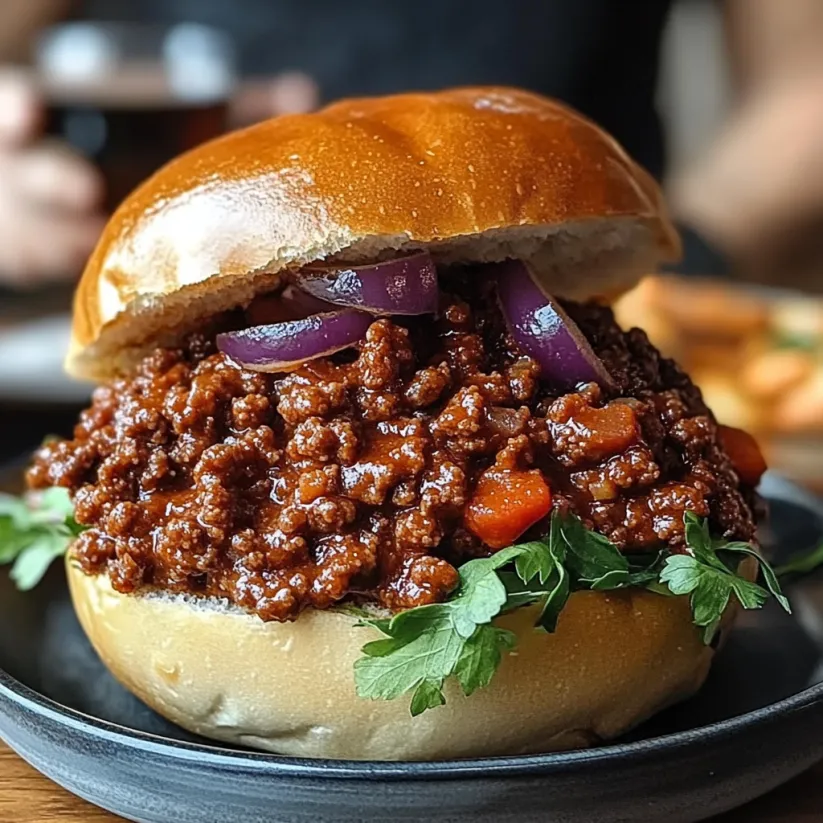 A sloppy joe sandwich with onions and peppers on a bun.