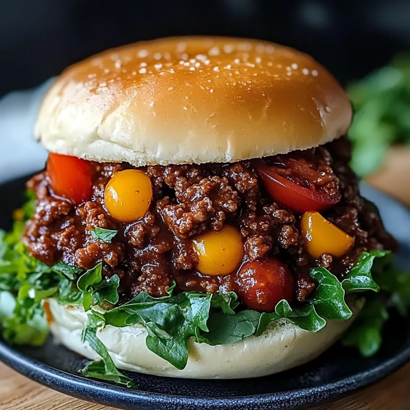 A sloppy joe sandwich with tomatoes and onions.