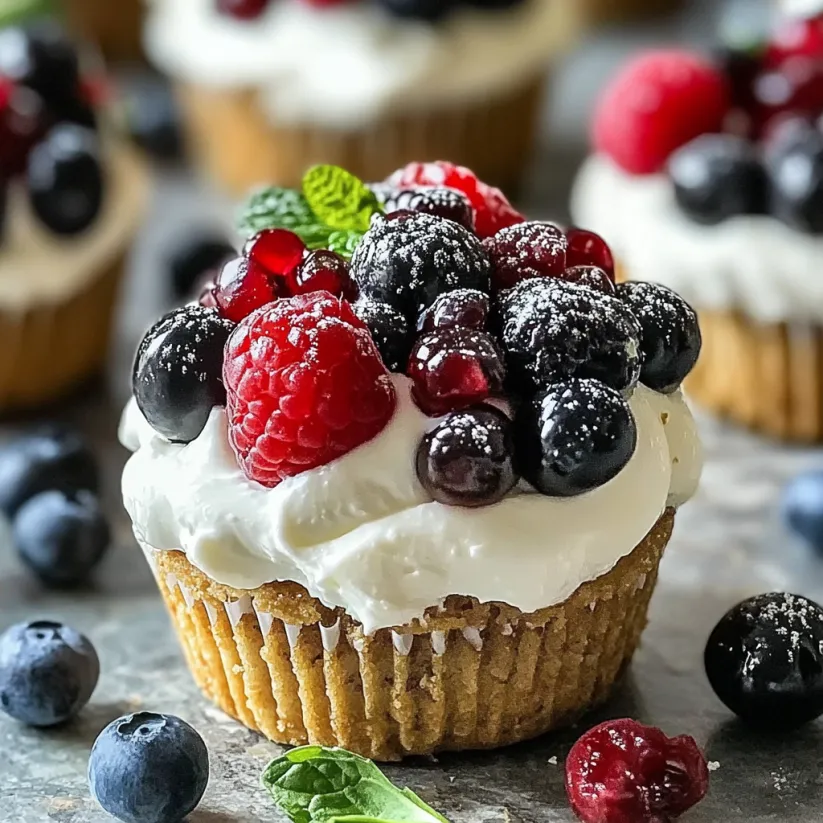 A cupcake with berries and whipped cream on top.