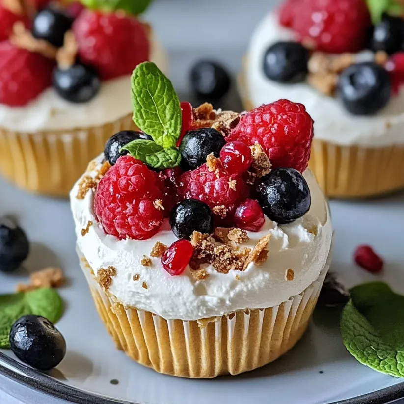 A cupcake with raspberries and blueberries on top.