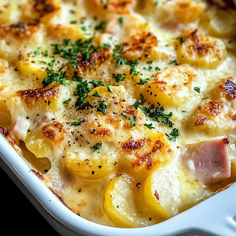A dish of scalloped potatoes and ham.