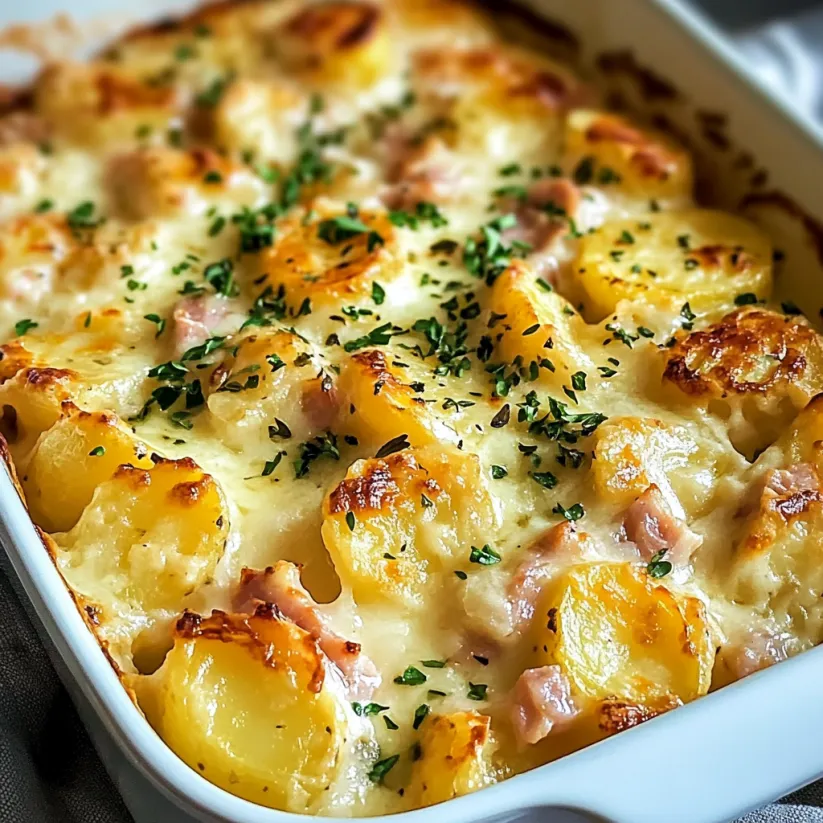 A dish of scalloped potatoes and ham.