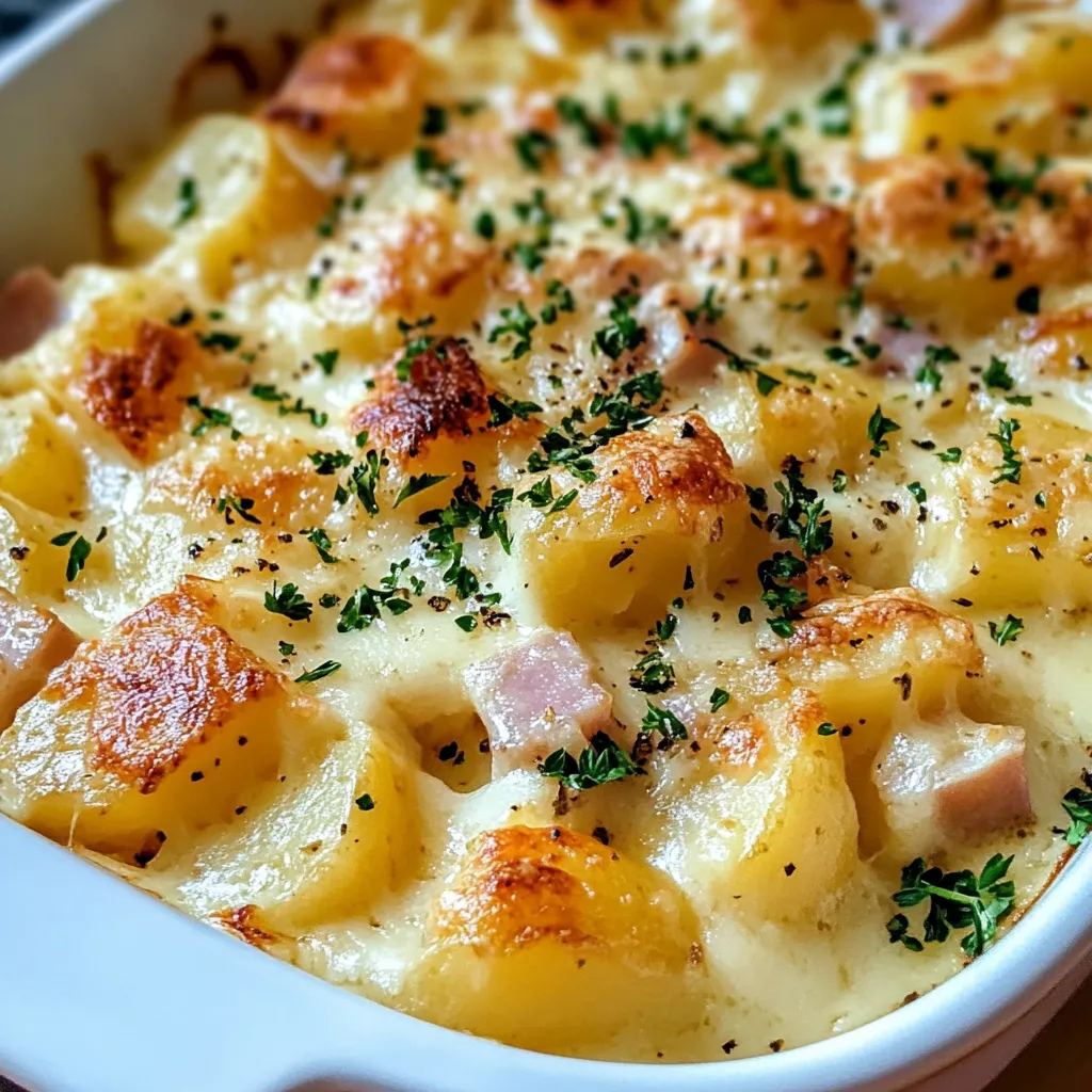 A dish of scalloped potatoes and ham.