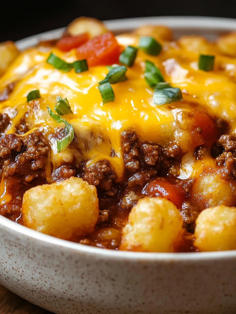 A bowl of cowboy casserole with cheese and tomatoes.