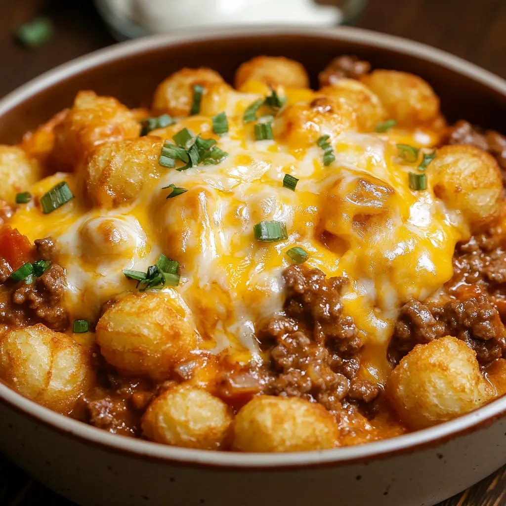 A bowl of cowboy casserole with cheese and tater tots.