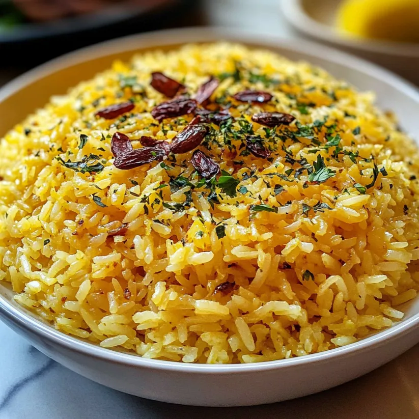 A bowl of Persian rice with raisins and herbs.