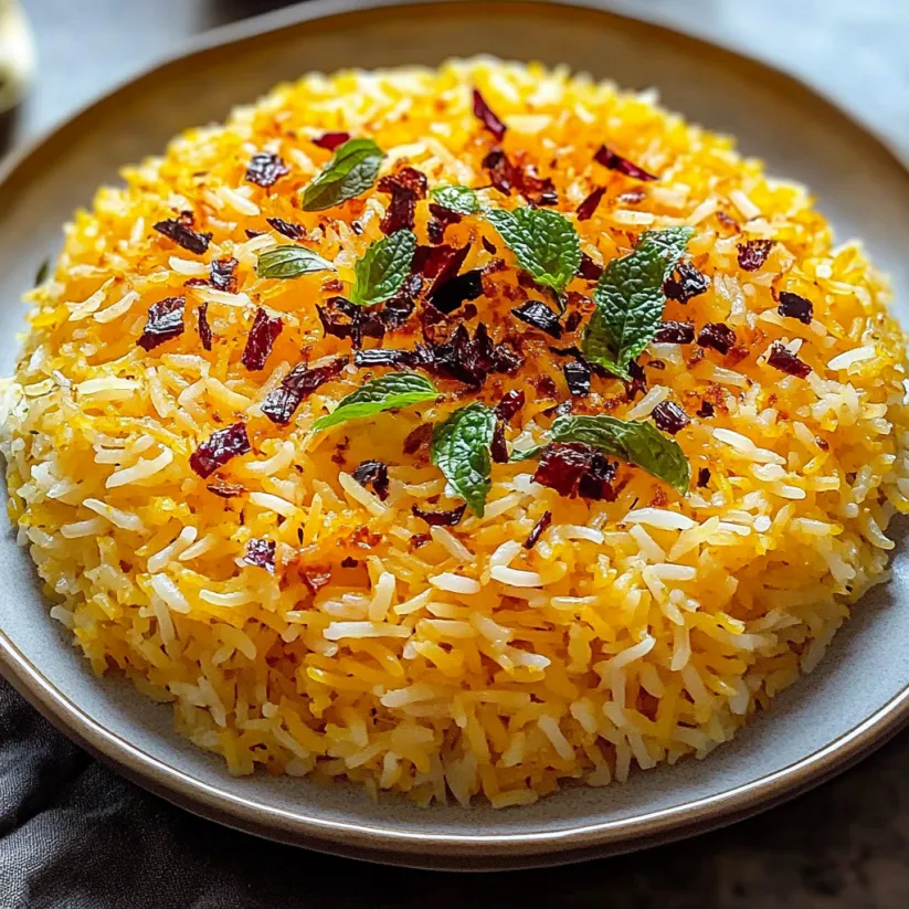 A plate of Persian rice with mint and orange.