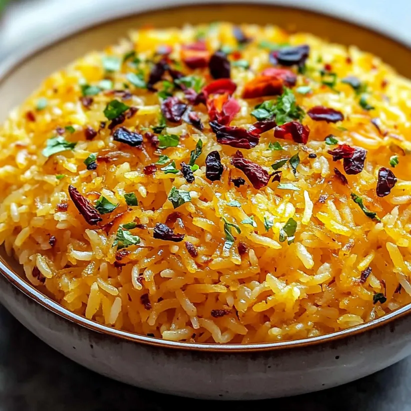 A bowl of Persian rice with red peppers and herbs.