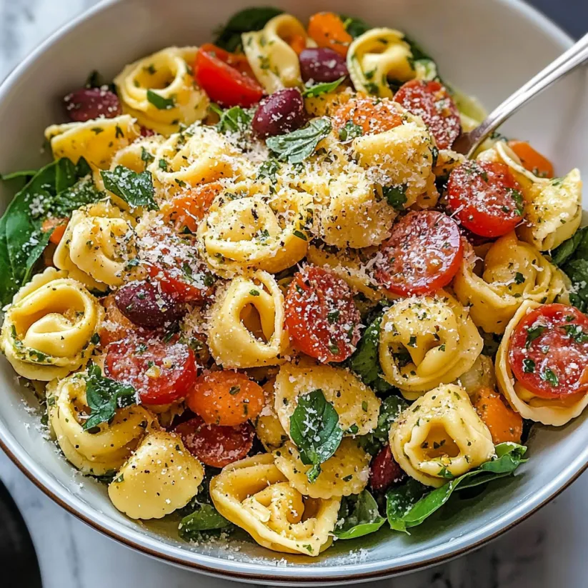 A bowl of pasta salad with tomatoes, spinach, and cheese.