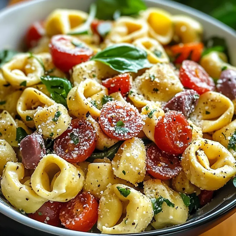 A bowl of pasta salad with tomatoes, spinach, and cheese.