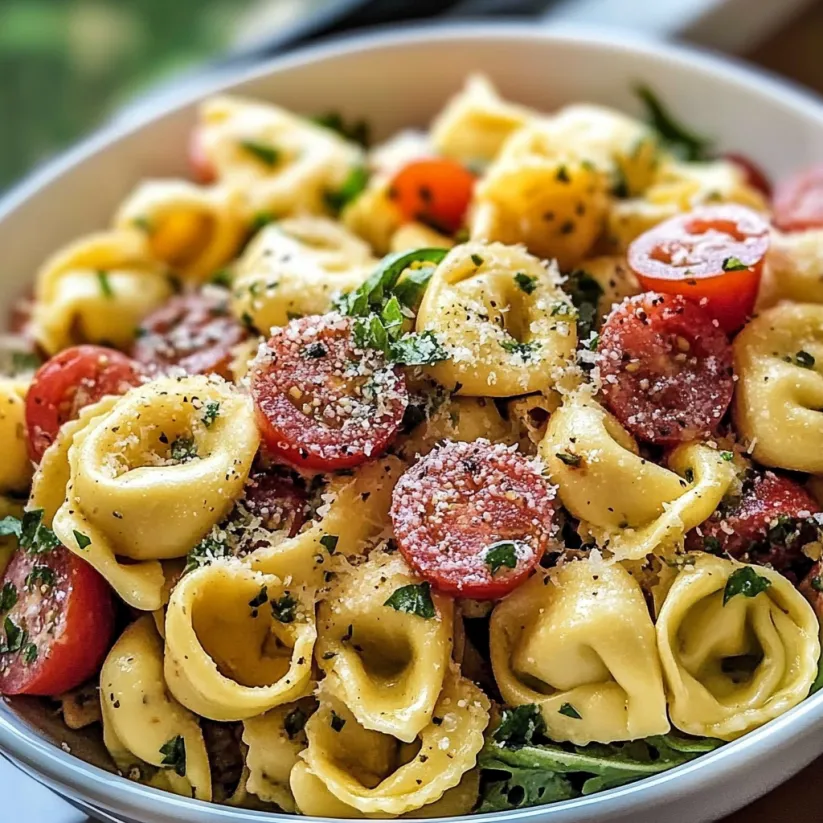 A bowl of pasta salad with tomatoes, cheese, and herbs.