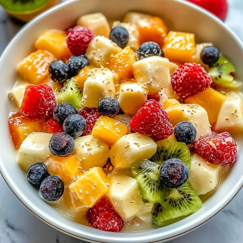 A bowl of fruit salad with vanilla pudding.