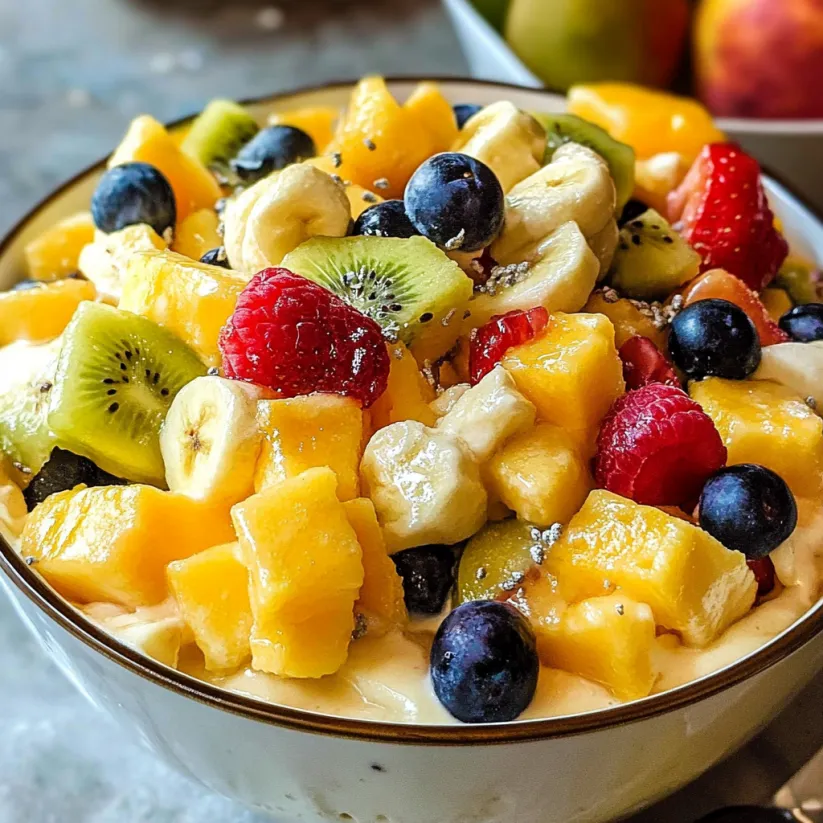A bowl of fruit salad with bananas, kiwi, strawberries, blueberries, and raspberries.